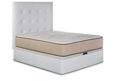 Pack ahorro con canapé de madera blanco, un colchón viscoelástico y un cabezal de cama blanco tapizado